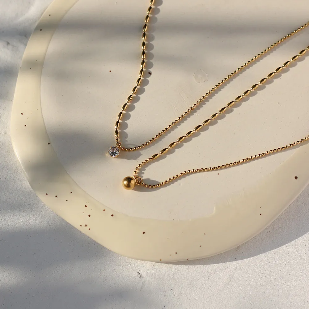 Minimalistische Anhänger Halskette Edelstahl 18K Vergoldet Zirkonia Perlenkette Schlüsselbein Schmuck Für Damen