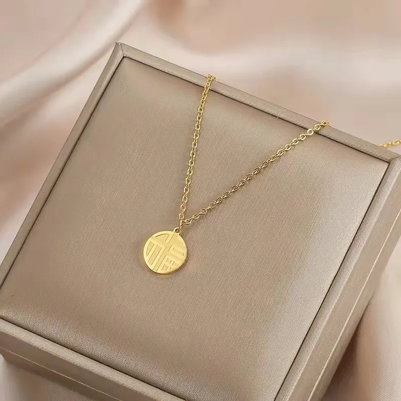 Collier Pendentif Caractère Fu Bonne Chance Acier Inoxydable Disque Rond Chaîne De Clavicule Bijoux Pour Femmes