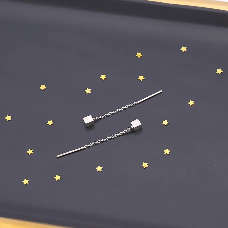 Minimalistische Geometrische Würfel Durchzieher Ohrringe Titanstahl Lange Kette Quaste Hängen Für Damen Schmuck