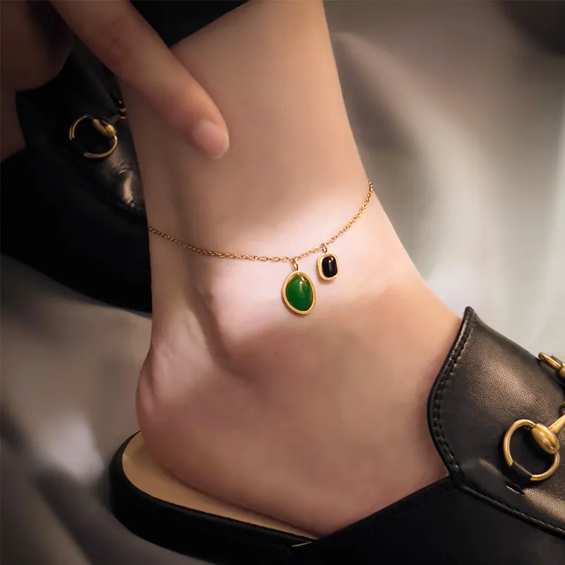 Vintage Double Pendant Anklet Women Green Black Agate Stainless Steel Gold Plated Elegant Foot Jewelry