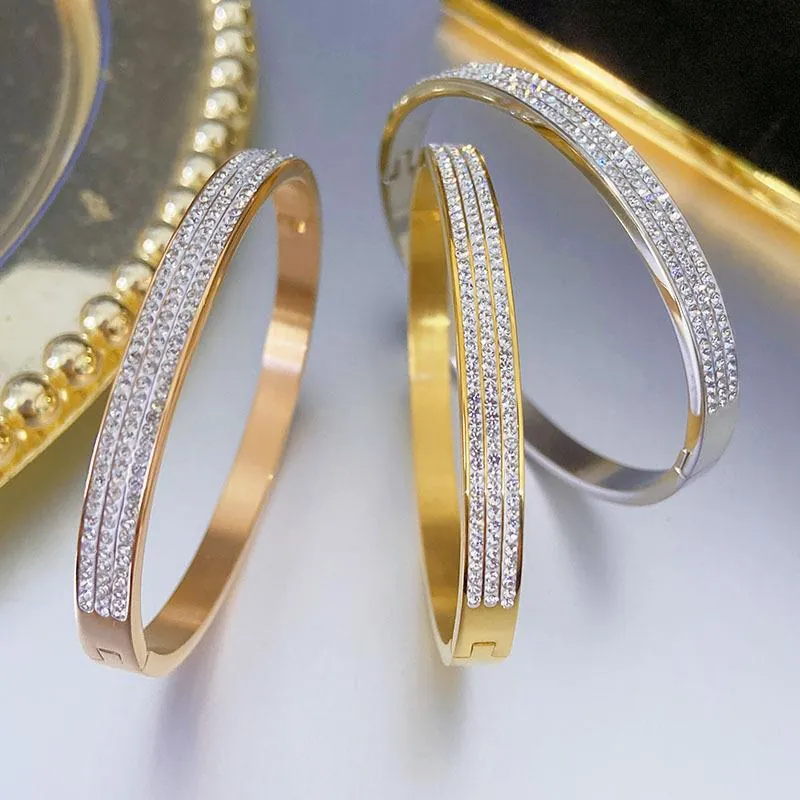 Bracelet Jonc Trois Rangs Strass Acier Titane Plaqué Or Ne Décolore Pas Bijou Élégant Mode Coréenne Pour Femmes