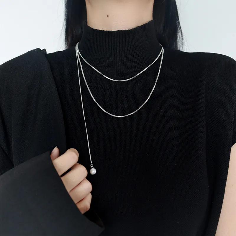 Stainless Steel Long Multilayered Snake Chain Necklace With Artificial Pearl Pendant Minimalist Jewelry For Women