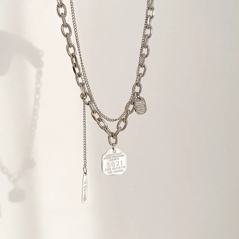 Layered Design Stainless Steel Necklace Vintage Hip Hop Punk Style Geometric Square Tag Pendant Engraved Metal Chain