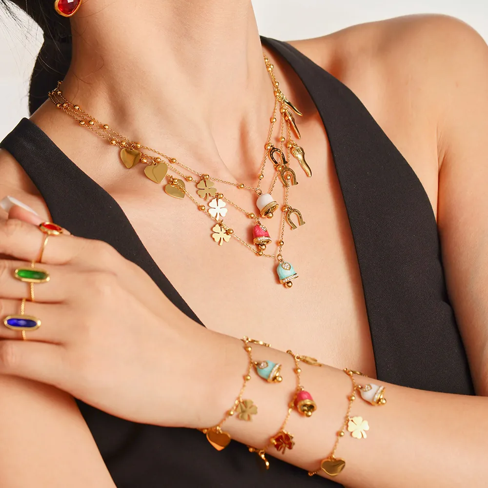 Gold Plated Stainless Steel Jewelry Set Enamel Bell Heart Clover Horseshoe Pendant Necklace Bracelet For Women Jewelry