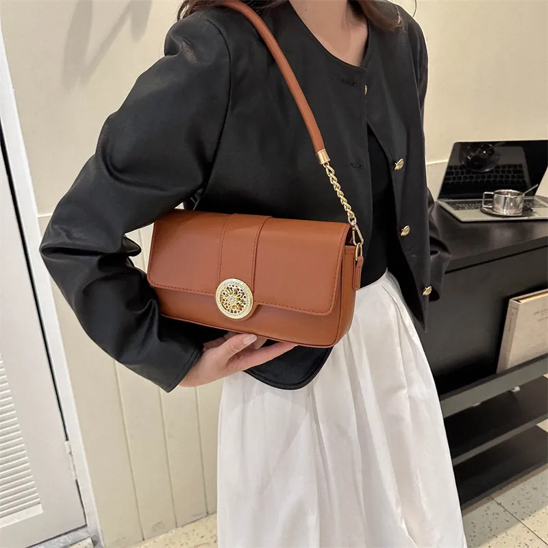 Women Shoulder Bag PU Leather Crossbody Baguette Bag Elegant Golden Hollow Round Buckle Versatile Flap Square Purse