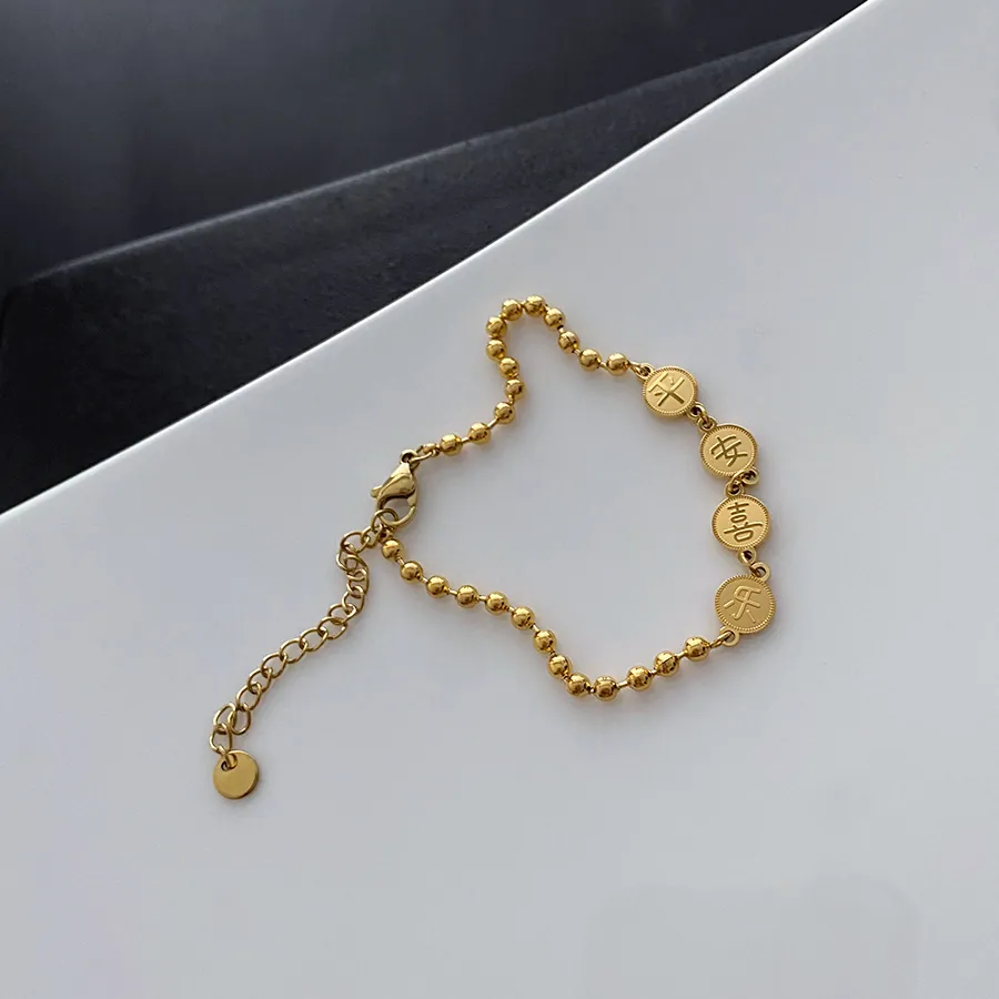 Bracelet En Acier Titane Avec Caractères Chinois Paix Et Joie Pendentifs Ronds Plaqué Or Bijoux Pour Femmes