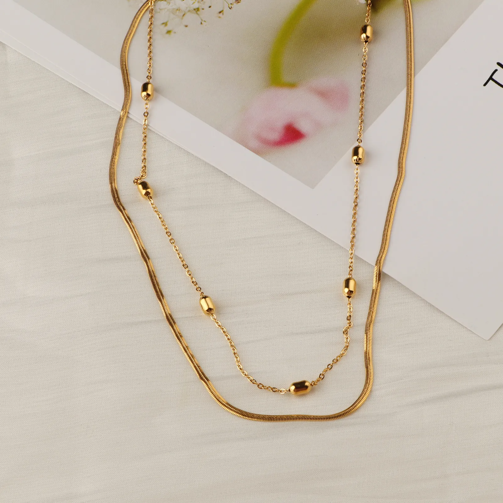 Double Layer Necklace Stainless Steel Snake Chain With Gold Beads Minimalist Versatile Jewelry For Women