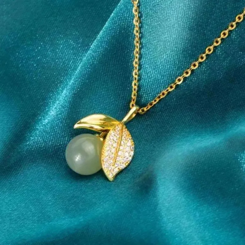 Leaf Pendant Necklace Gold Titanium Steel Copper With Light Green Bead Rhinestones Vintage Elegant Jewelry For Women