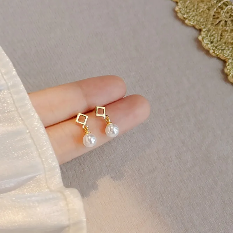 Geometric Diamond Pearl Stud Earrings Stainless Steel Light Luxury Minimalist Jewelry For Women Small Exquisite Earrings Gift