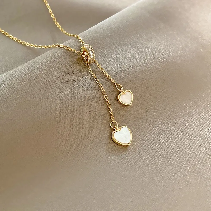 Collier Pendentif Double Coeur Acier Inoxydable Cuivre Nacre Zircone Réglable Chaîne Gland Y Pour Femmes
