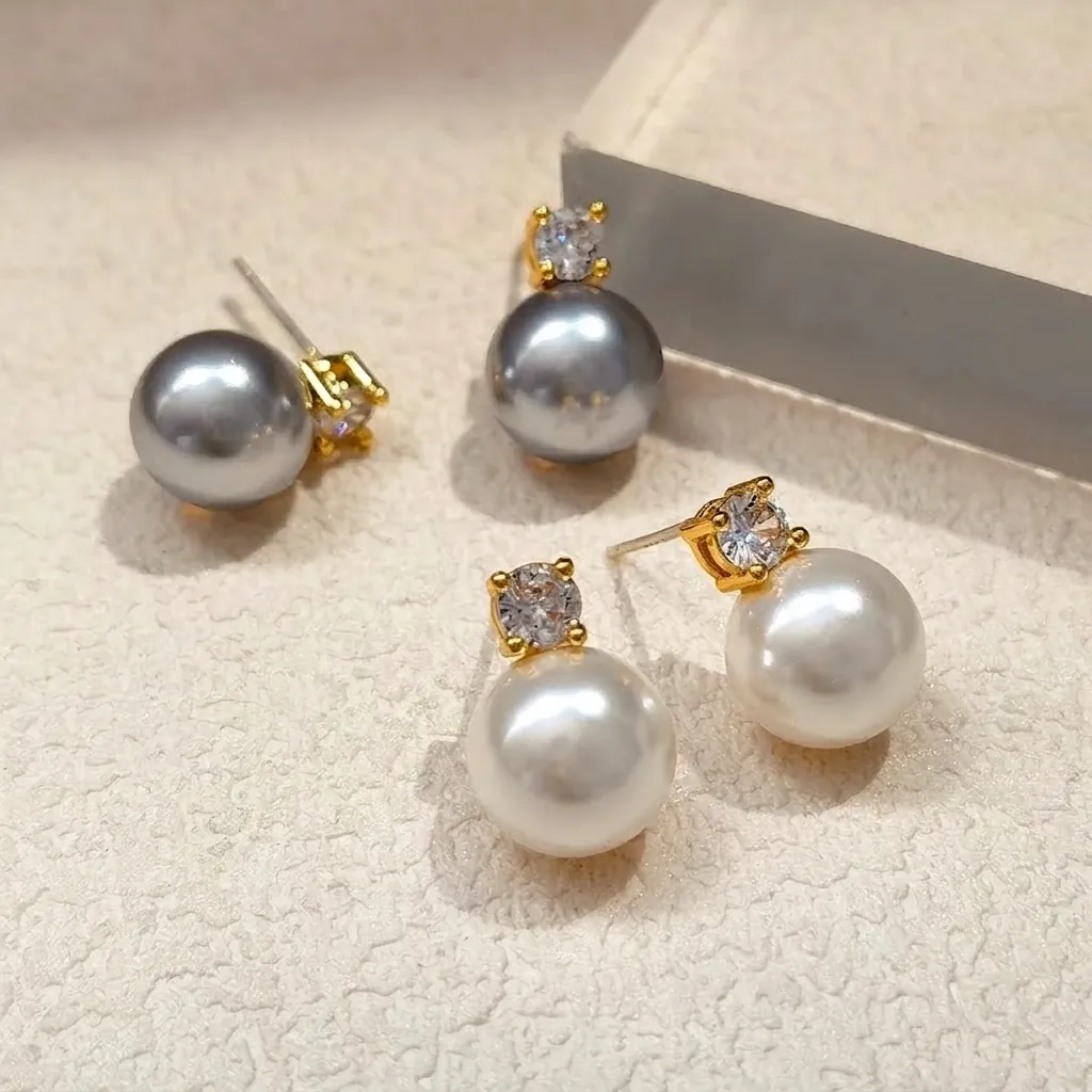 Titanium Steel Round Artificial Pearl Stud Earrings With Zircon Gold Plated Elegant French Retro Luxury Style For Women