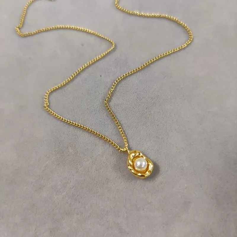 French Vintage Irregular Lava Titanium Steel Necklace For Women Elegant White Artificial Pearl Pendant Gold Plated Clavicle Chain