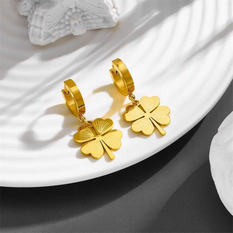 Lucky Clover Hoop Drop Earrings Gold Plated Stainless Steel Radial Texture Minimalist Boutique Jewelry For Women