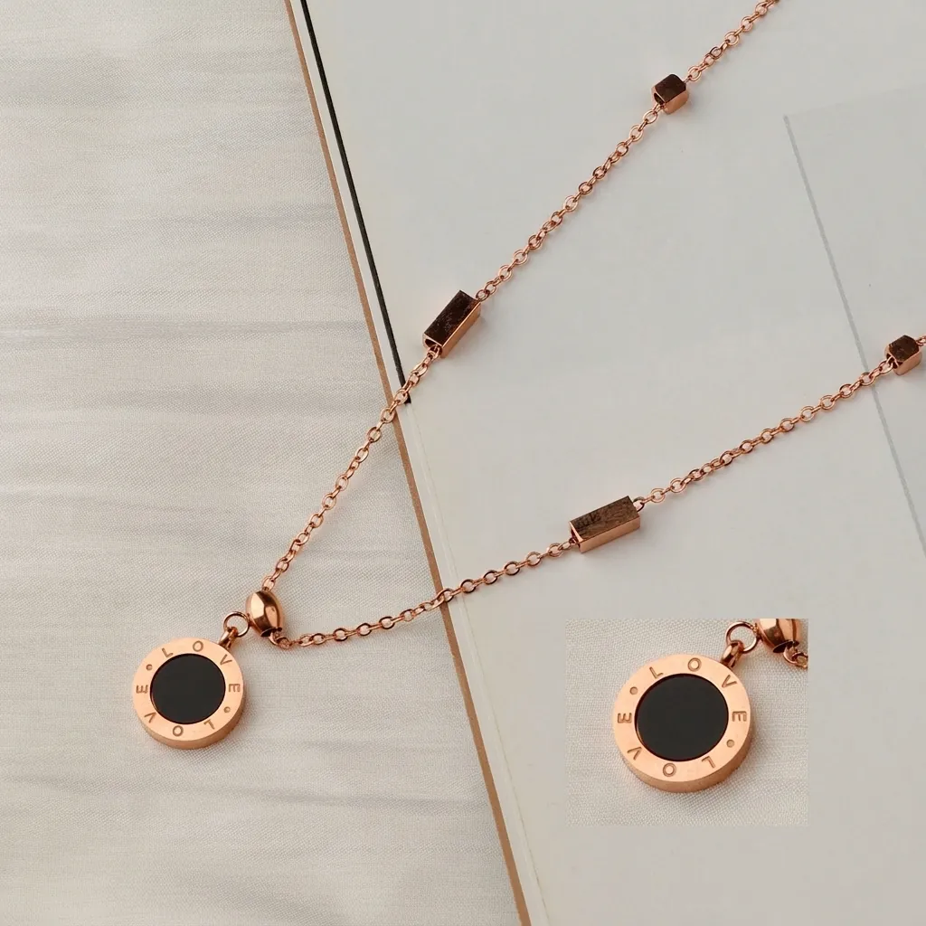 Love Engraved Round Pendant Necklace Titanium Steel Rose Gold Plated Minimalist Geometric Bead Chain For Women