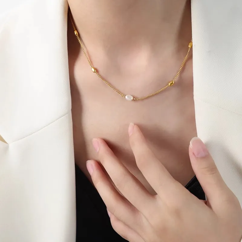 Freshwater Pearl Necklace Stainless Steel Gold Plated French Style Elegant Simple Versatile Rice Pearl Choker For Women