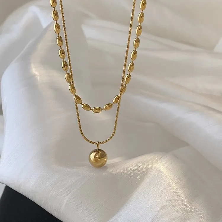 Double Layer Necklace Titanium Steel 18K Gold Plated Minimalist Round Ball Pendant Elegant Jewelry For Women