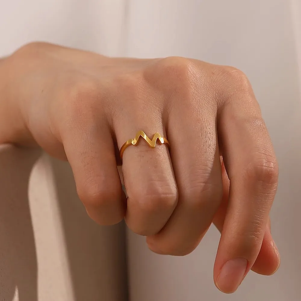 Heartbeat ECG Ring Stainless Steel Wave Geometric Design Gold Plated Minimalist Band Jewelry Accessory For Women Girls