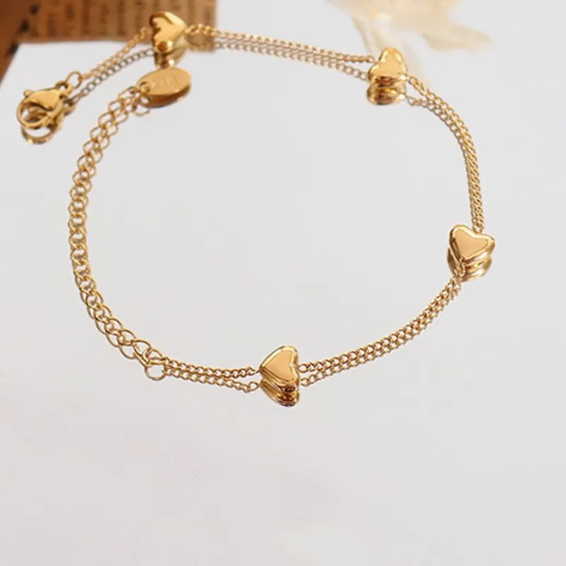 Heart Charm Bracelet Stainless Steel Gold Plated Multiple Heart Charms Adjustable Minimalist Elegant Jewelry For Women