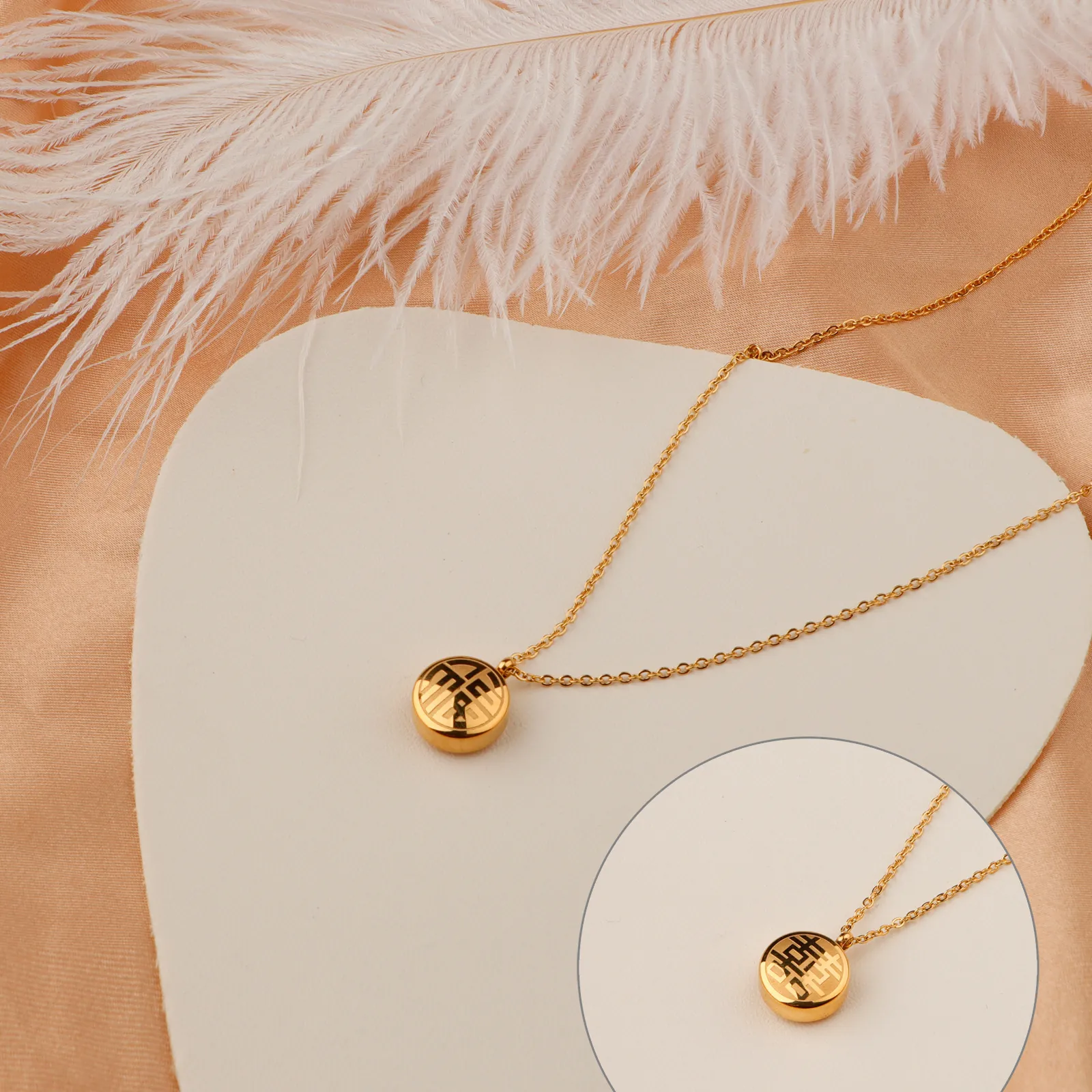 Double Sided Fu Xi Round Disk Pendant Necklace Titanium Steel Gold Plated Minimalist Jewelry For Women Non-Tarnishing