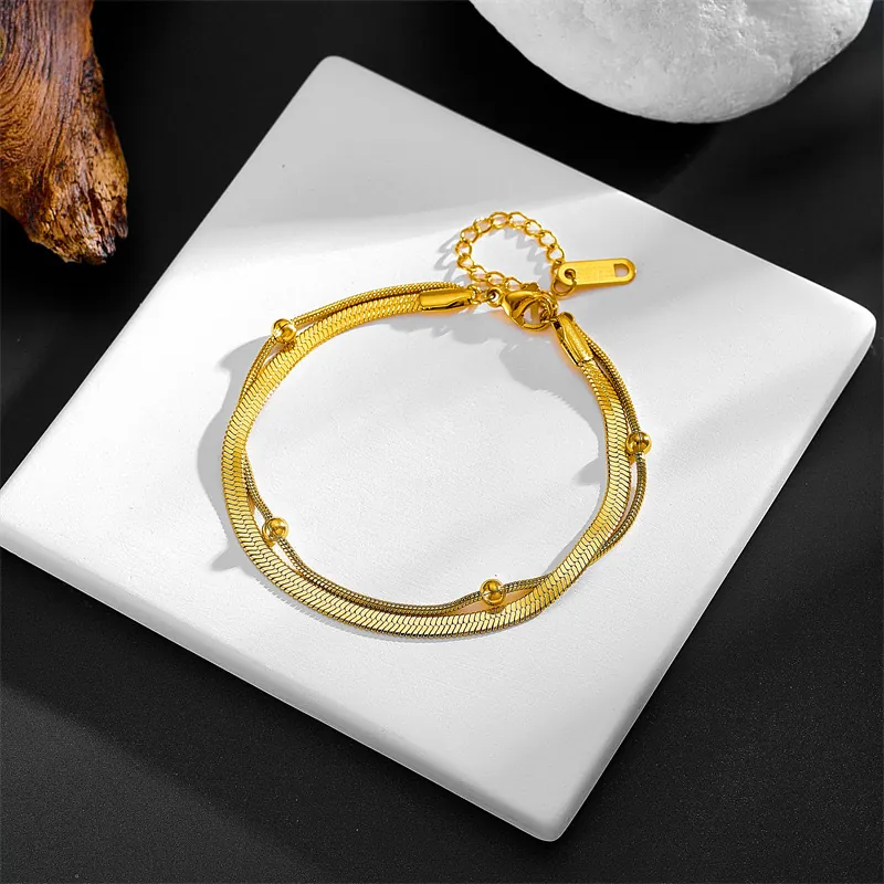 Minimalist Double Layer Titanium Steel Anklet For Women High End Gold Plated Snake Chain Metal Bead Foot Chain Jewelry