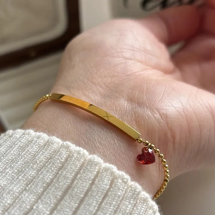 Bracelet Zircon Coeur Rouge Acier Inoxydable Barre Sourire Chaîne À Billes Rondes Bijoux Minimalistes Cadeau Pour Femmes