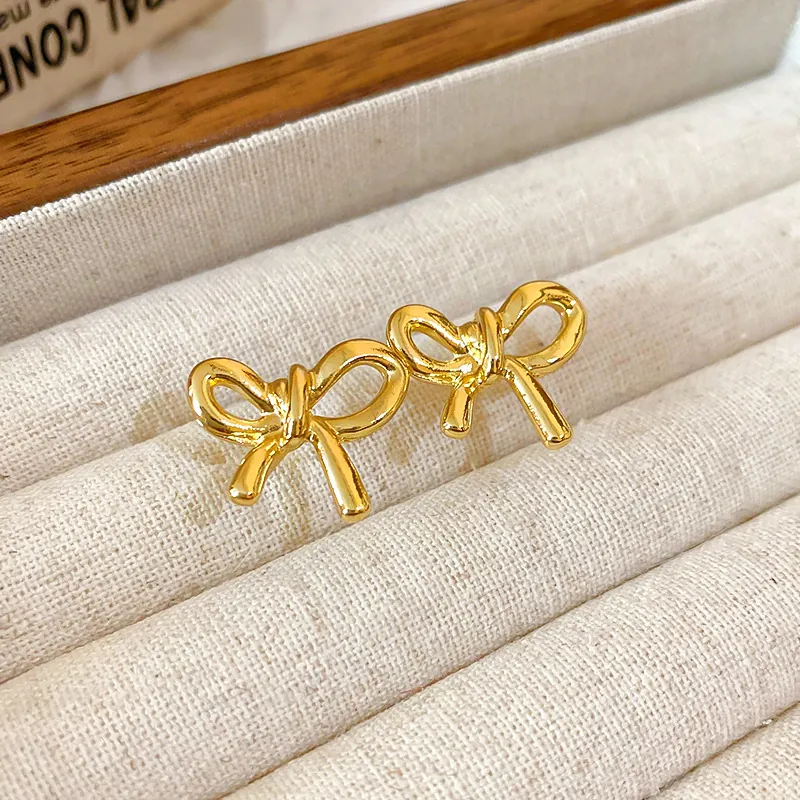 Elegant Golden Bow Stud Earrings Titanium Steel Minimalist Luxury 3D Design Fashion Accessories For Women
