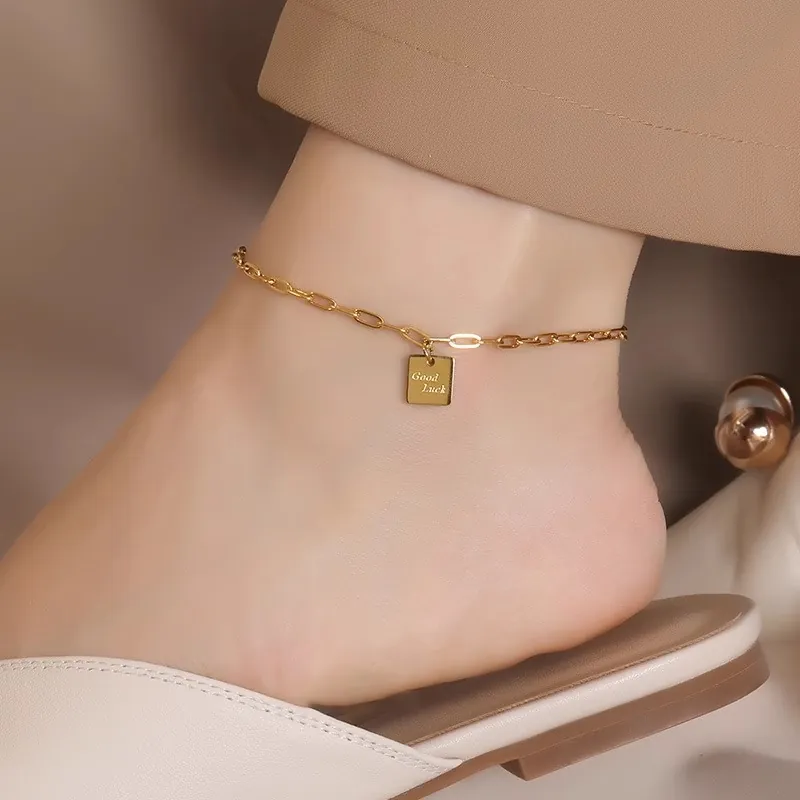 Good Luck Square Tag Anklet Titanium Steel Paperclip Link Chain Adjustable Gold Plated Jewelry For Women