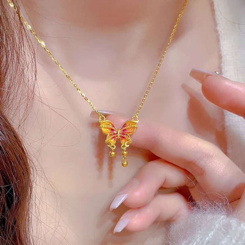 Collier Pendentif Papillon Émail Acier Titane Cuivre Plaqué Or Gland Délicat Chaîne De Clavicule Bijoux Femmes