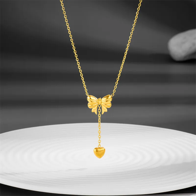 Bowknot Heart Pendant Necklace Titanium Steel Gold Plated Tassel Clavicle Chain Jewelry For Women