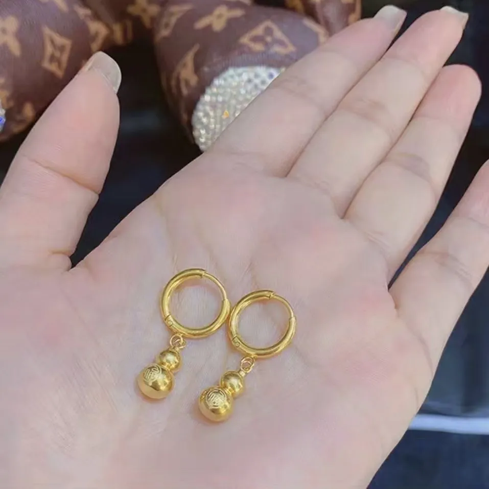 Boucles D Oreilles Créoles Gourde Acier Titane Plaqué Or Caractère Chinois Fu Style Ethnique Bijoux De Chance