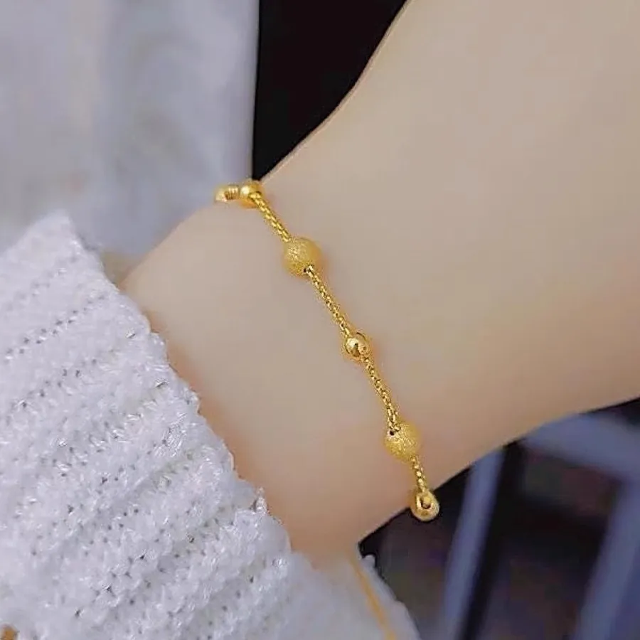 Elegant 18K Gold Plated Stainless Steel Bead Bracelet Adjustable Drawstring Frosted Polished Beads Women Jewelry