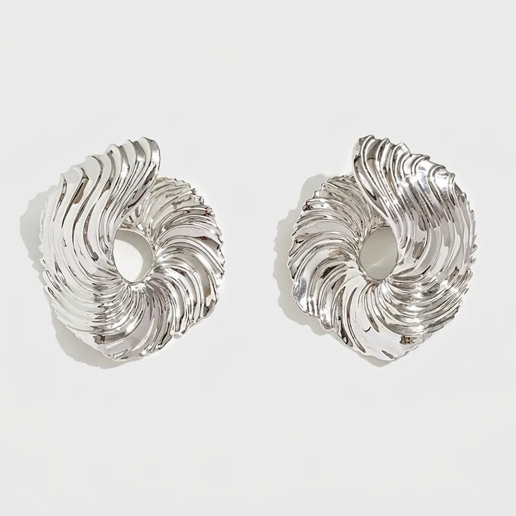 Irregular Spiral Pleated Abstract Stud Earrings Metallic Silver Brass With 925 Sterling Silver Earring Post For Women