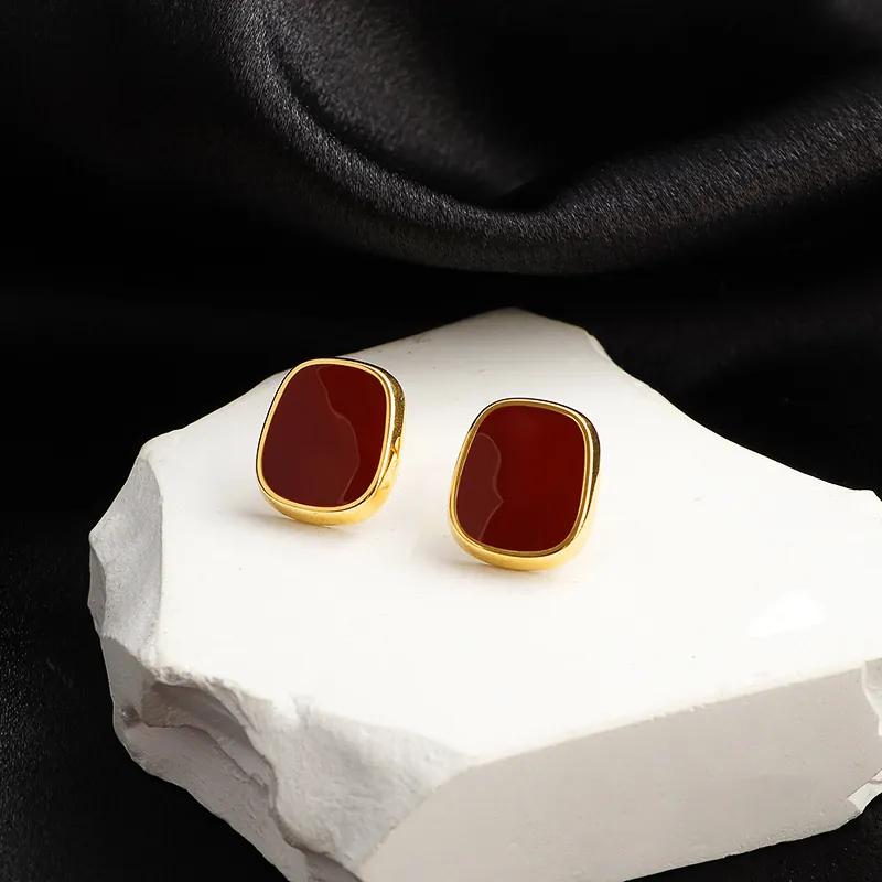 Vintage Wine Red Square Stud Earrings Titanium Steel Gold Plated French Style Geometric Elegant Jewelry For Women