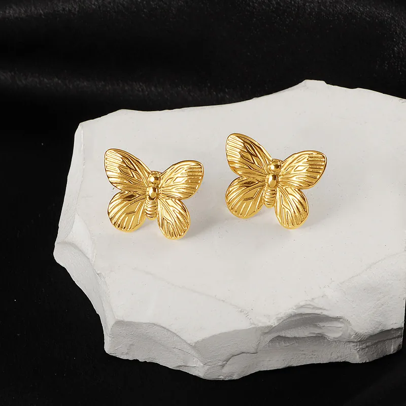Butterfly Stud Earrings Titanium Steel 18K Gold Plated Delicate Wing Texture Vintage French Style Women
