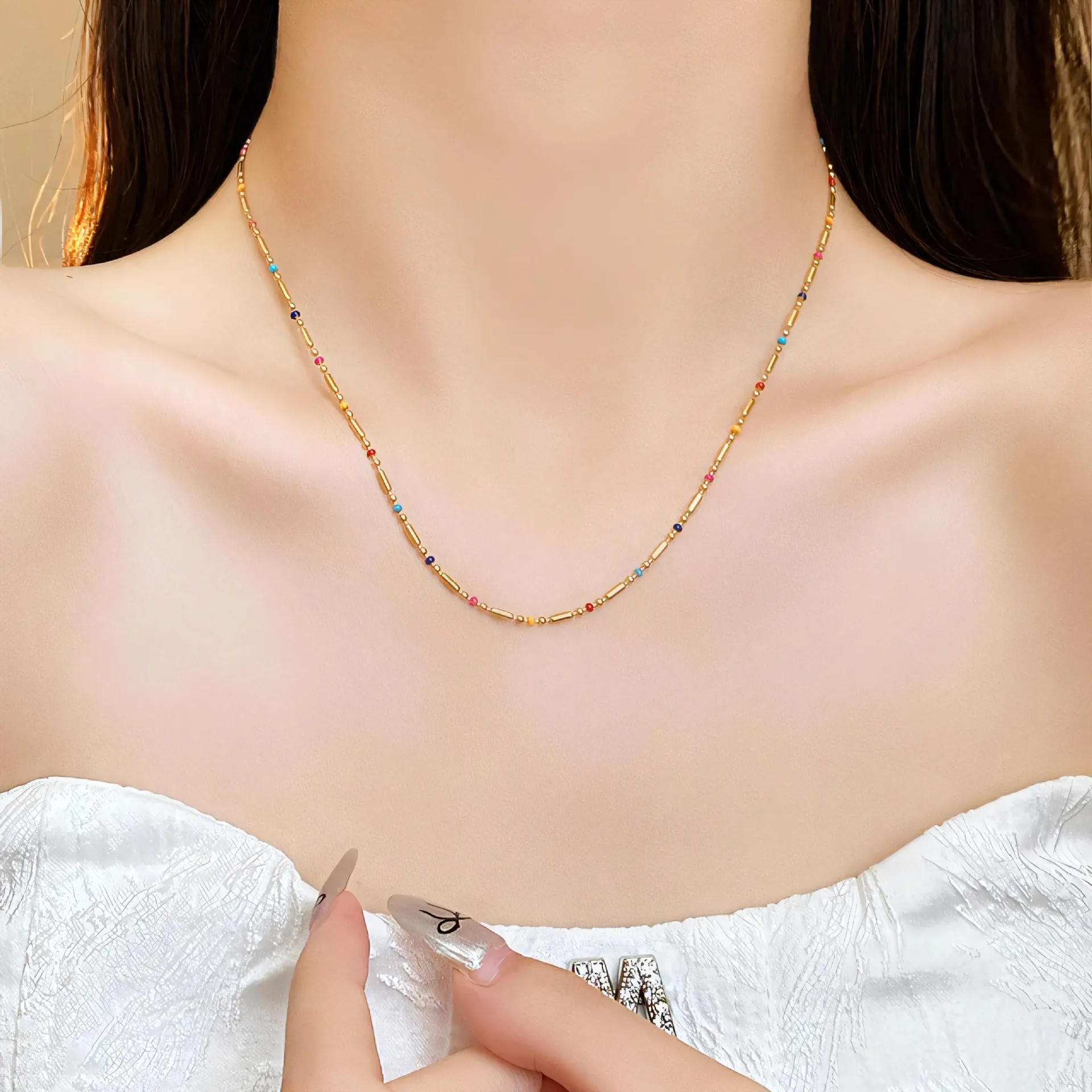 Collier De Perles Émaillées Colorées Bohème En Acier Inoxydable Chaîne À Tubes Plaquée Or Bijoux Pour Femmes