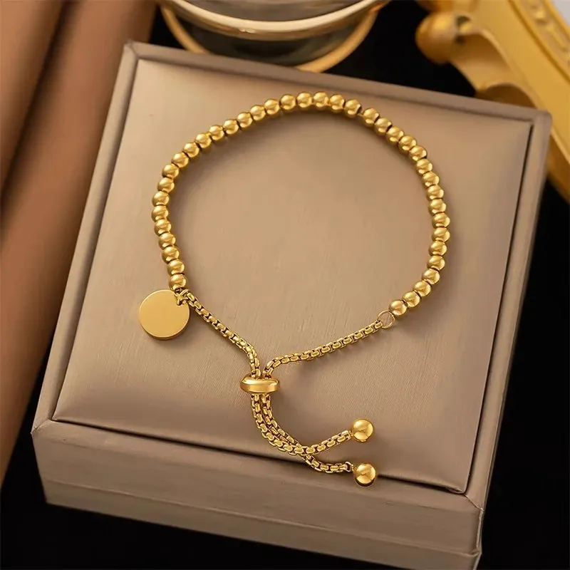 Minimalist Stainless Steel Bracelet With Adjustable Bead Chain And Round Disc Charm Fashion Jewelry For Women