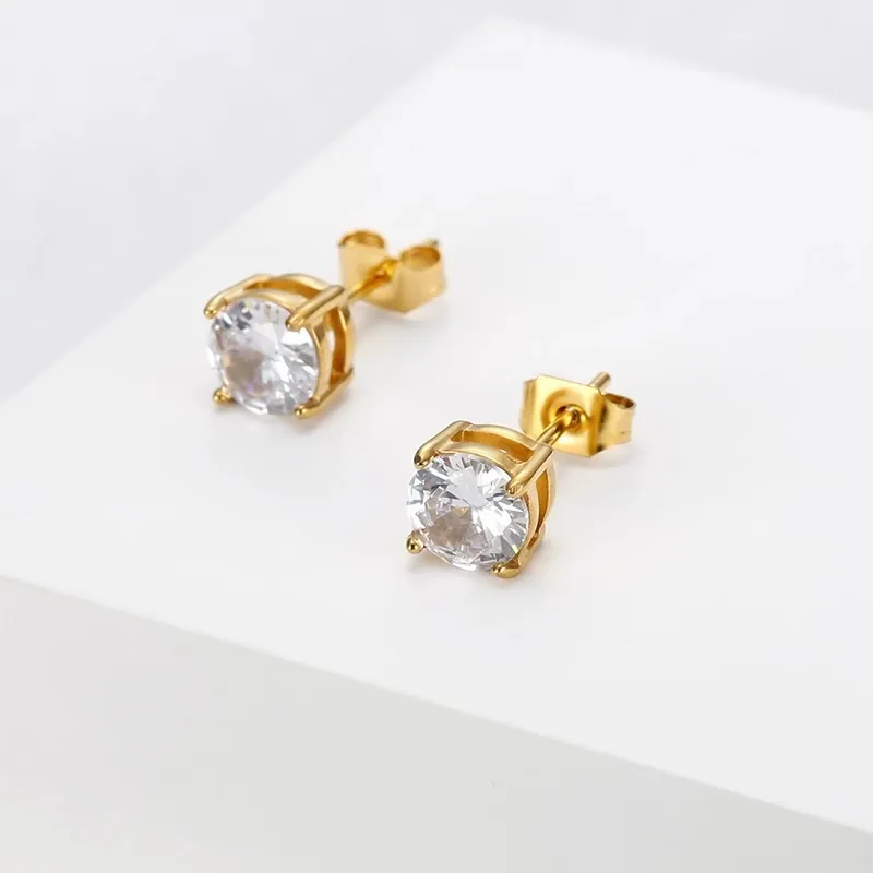 Minimalist Round Cubic Zirconia Stud Earrings Titanium Steel Classic Prong Setting Gold Plated Sparkly Dainty Jewelry For Women