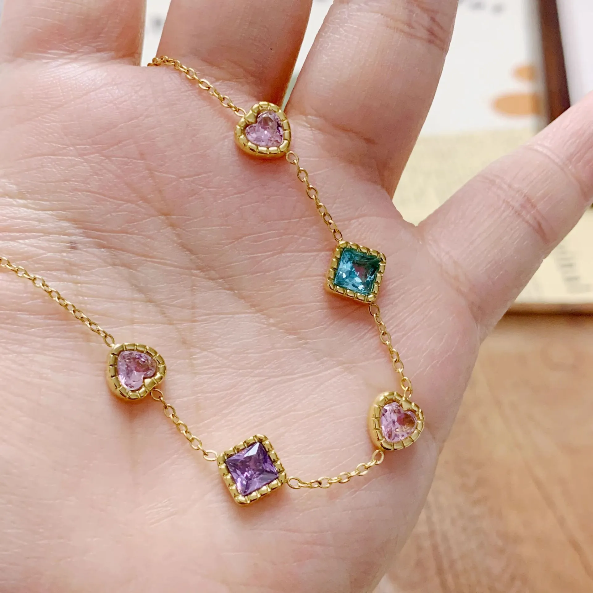 Colorful Zircon Heart And Square Charm Bracelet Stainless Steel Gold Plated Elegant Jewelry For Women