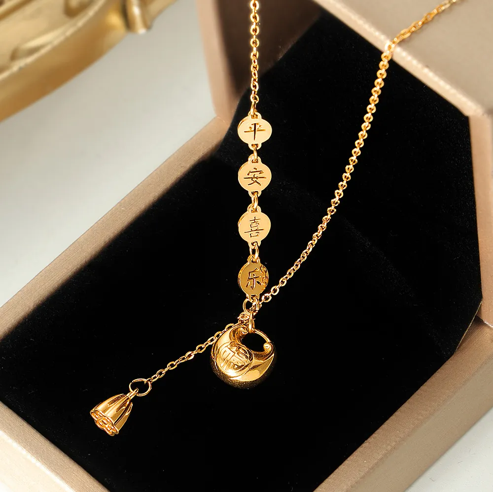 Titanium Steel Necklace With Chinese Ping'an Xile And Fu Character Ruyi Lock Lotus Seedpod Pendant For Women