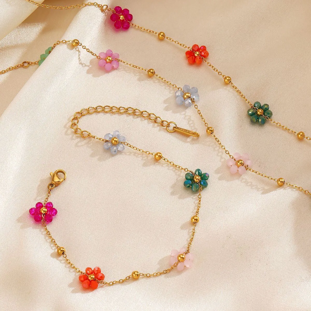 Women 18K Gold Plated Stainless Steel Necklace With Colorful Crystal Flower Beads Handmade Adjustable Chain Sweet Pastoral