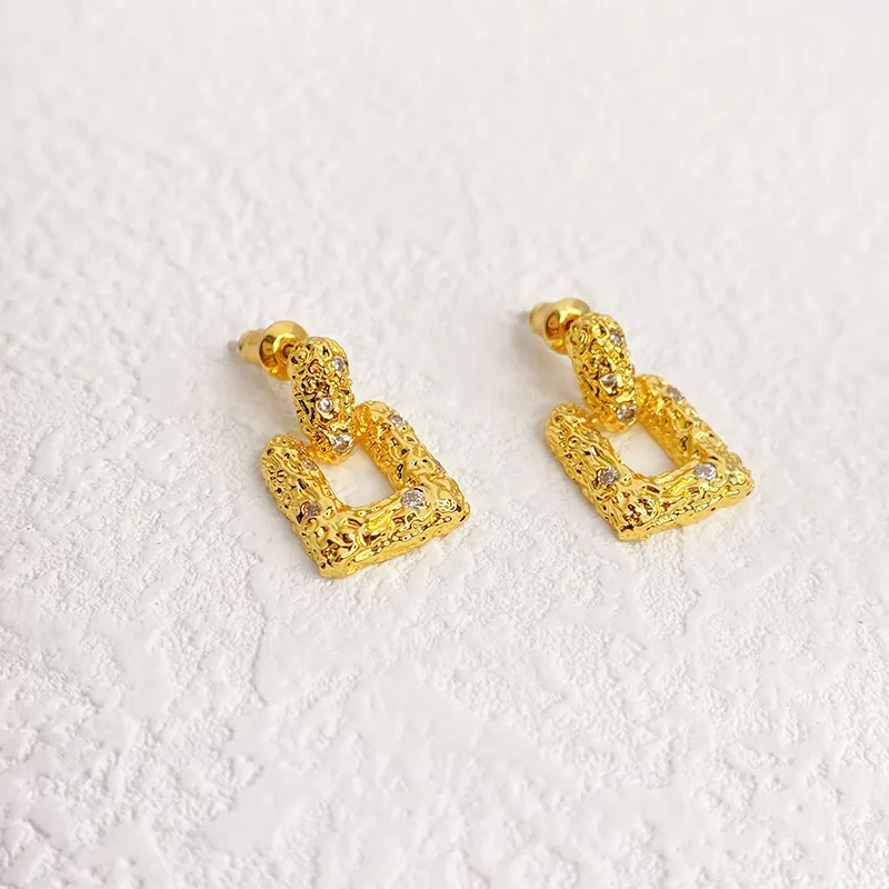 Vintage Lava Texture Rectangular Earrings Rhinestone With 925 Sterling Silver Earring Post Geometric Jewelry Women