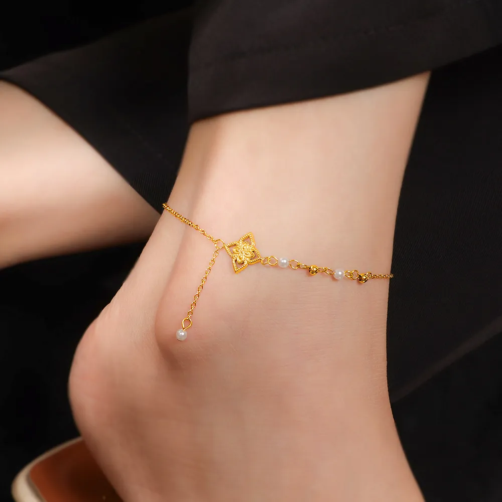 Floral Artificial Pearl Tassel Anklet Titanium Steel Adjustable Gold Plated Foot Jewelry For Women