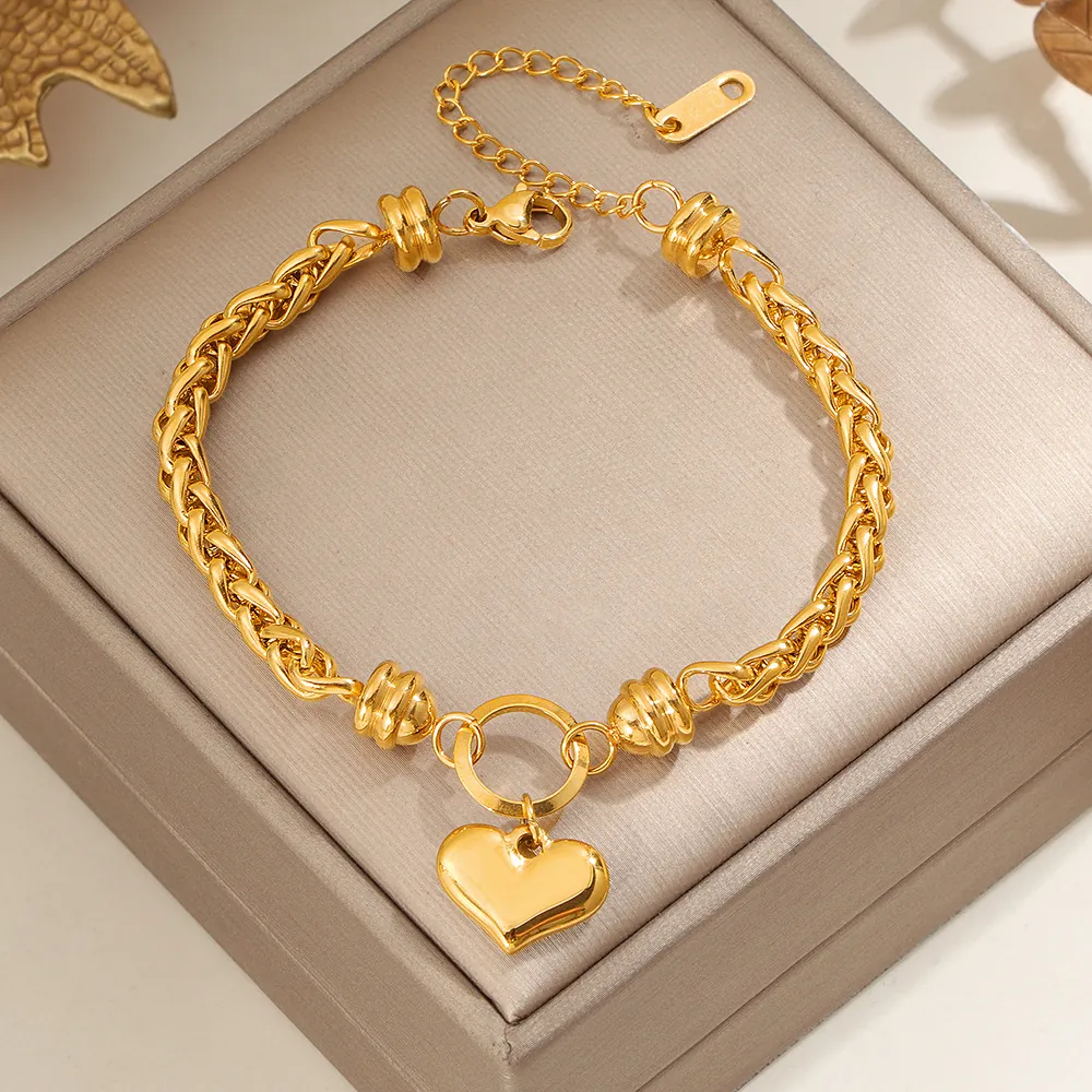 Heart Pendant Bracelet Gold Plated Stainless Steel Woven Twist Chain Adjustable Jewelry For Women Minimalist Fashion