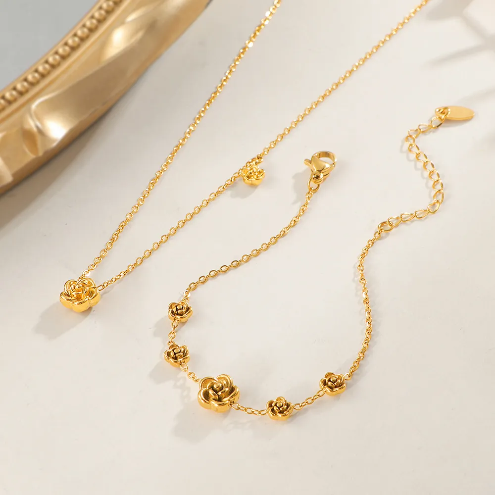 3D Camellia Flower Necklace Gold Plated Titanium Steel Elegant Clavicle Chain For Women Sweet Floral Accessory