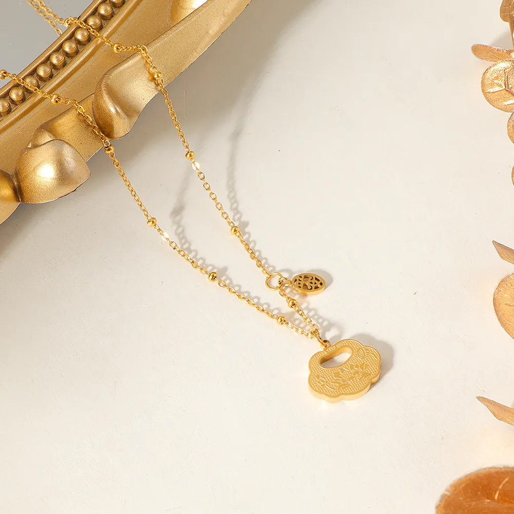 Vintage Safety Lock Pendant Necklace 304 Stainless Steel Gold Plated Bead Chain Elegant Chinese Style Jewelry For Women