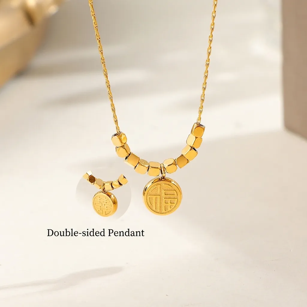 Double Sided Pendant Necklace Stainless Steel Gold Plated Chinese Fu Xi Character New Chinese Style Vintage Jewelry Women