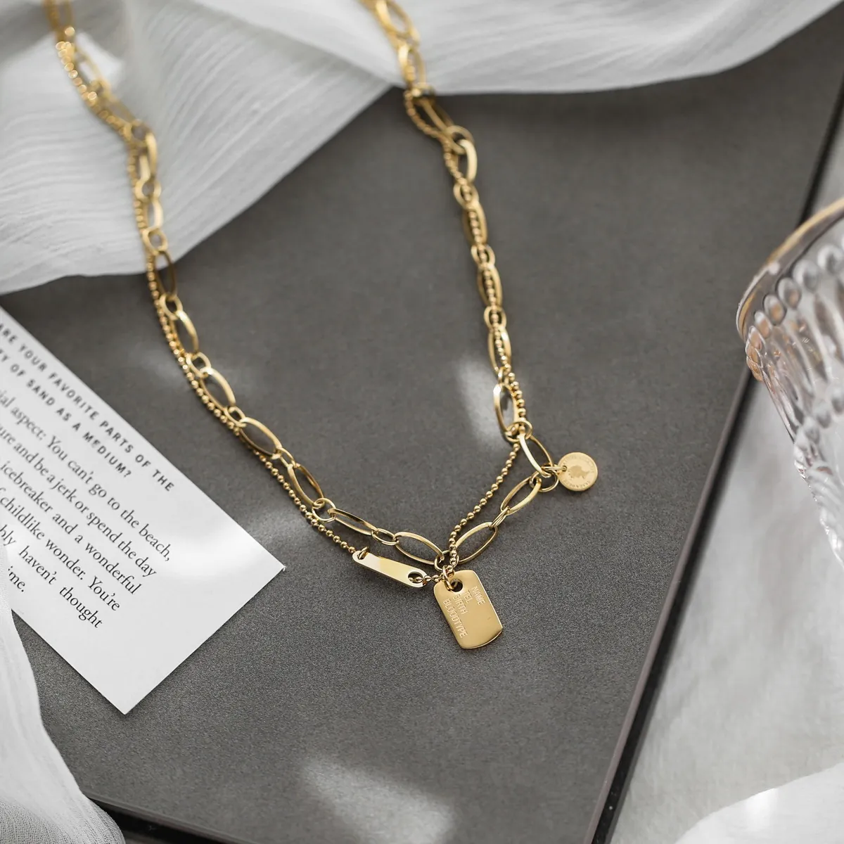 Layered Necklace Stainless Steel Gold Plated Portrait Coin Rectangular Tag Retro Elegant Jewelry For Women