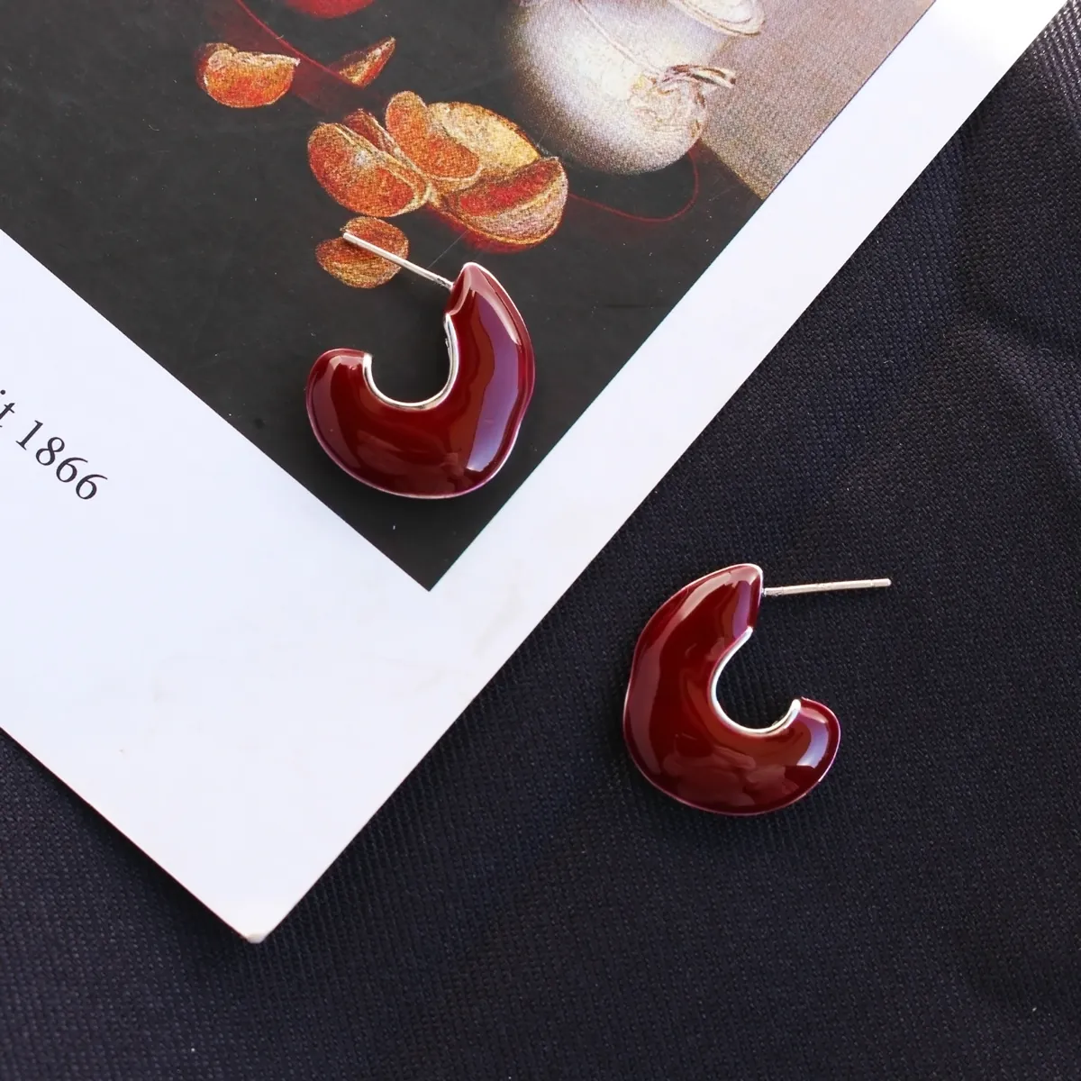 Boucles D'oreilles Créoles En C Émaillé Bordeaux Laiton Avec Tige En Argent Sterling 925 Style Rétro Français Pour Femmes