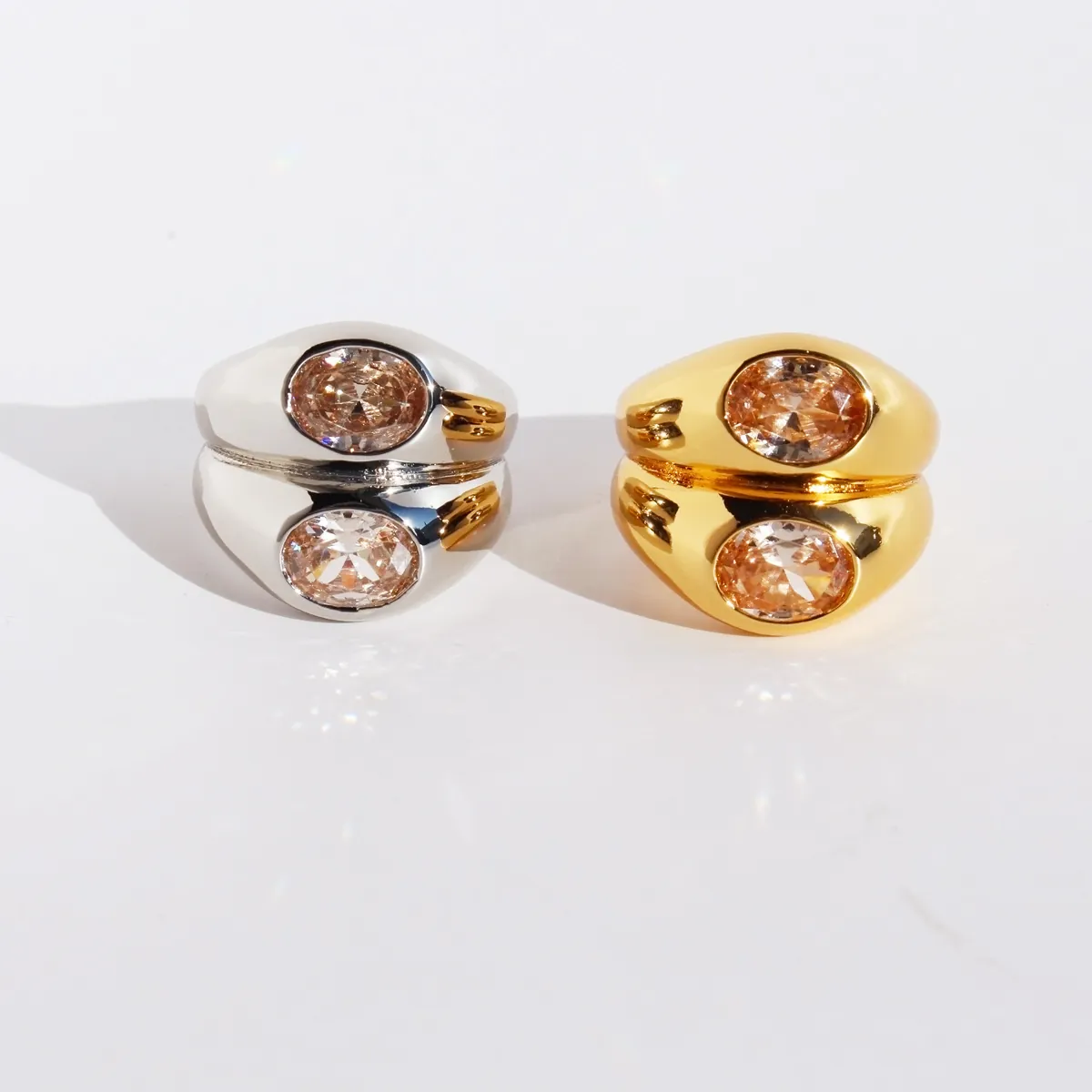 Luxury Double Layer Wide Band Chunky Ring Gold Platinum Plated Brass Zircon Oval Stone Statement Finger Ring For Women Jewelry
