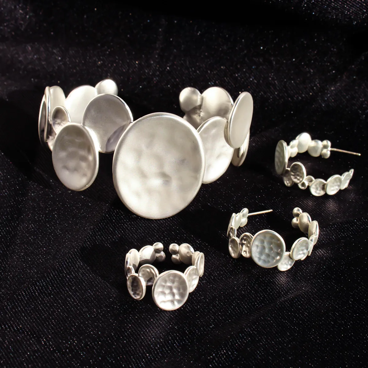 Hammered Jewelry Collection Silver Plated Brass Irregular Cuff Bracelet Ring C Earrings With 925 Sterling Silver Earring Post